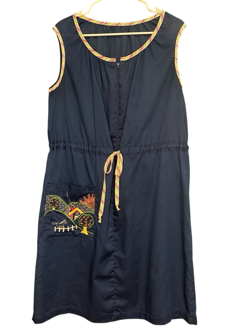 Vintage Navy Sleeveless Dress with Rainbow Trim and Farm Embroidery